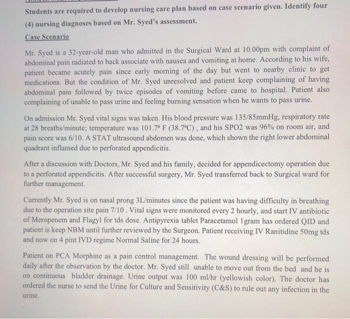 Students are required to develop nursing care plan based on case scenario given. Identify four (4) nursing diagnoses based on