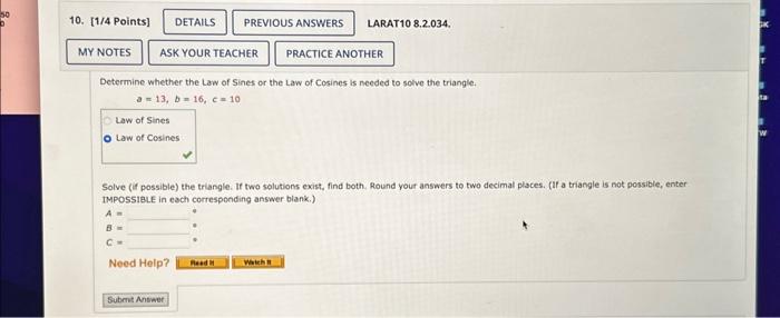 module 10 law of sines and cosines assignment