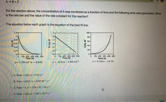 Solved A →B+C For the reaction above, the concentration of A | Chegg.com