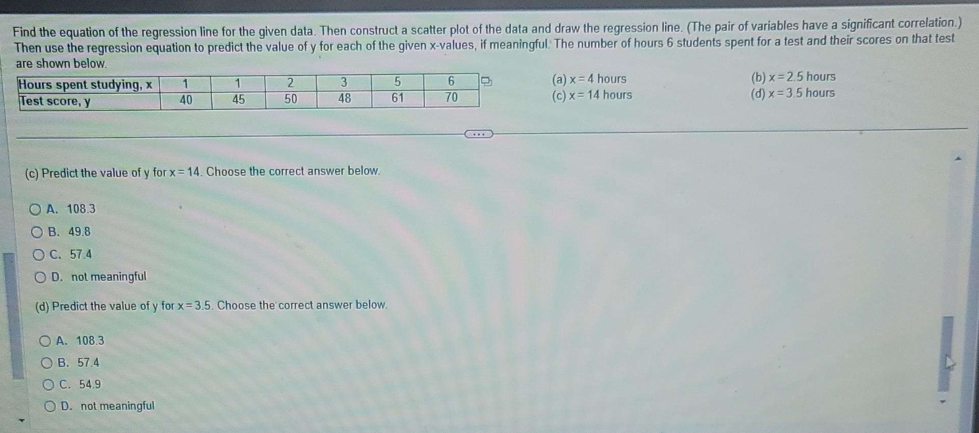 Solved Find the equation of the regression line for the | Chegg.com