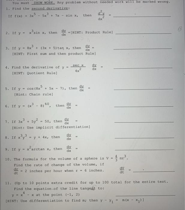 Solved Answer 1 11 Show Work Find The Second Derivative I Chegg Com