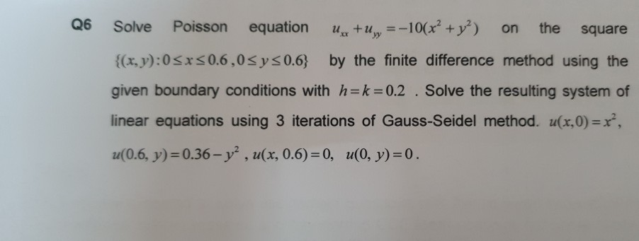 Solved Q6 Solve Poisson equation U + U = -106x² + y²) on the | Chegg.com