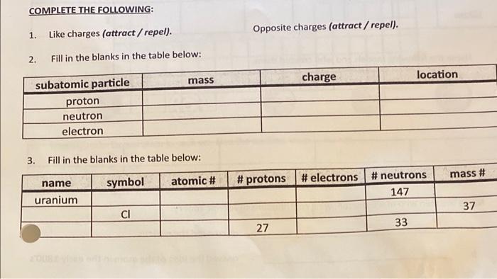 1. Like charges (attract / repel).
Opposite charges (attract/ repel).
2. Fill in the blanks in the table below:
3. Fill in th