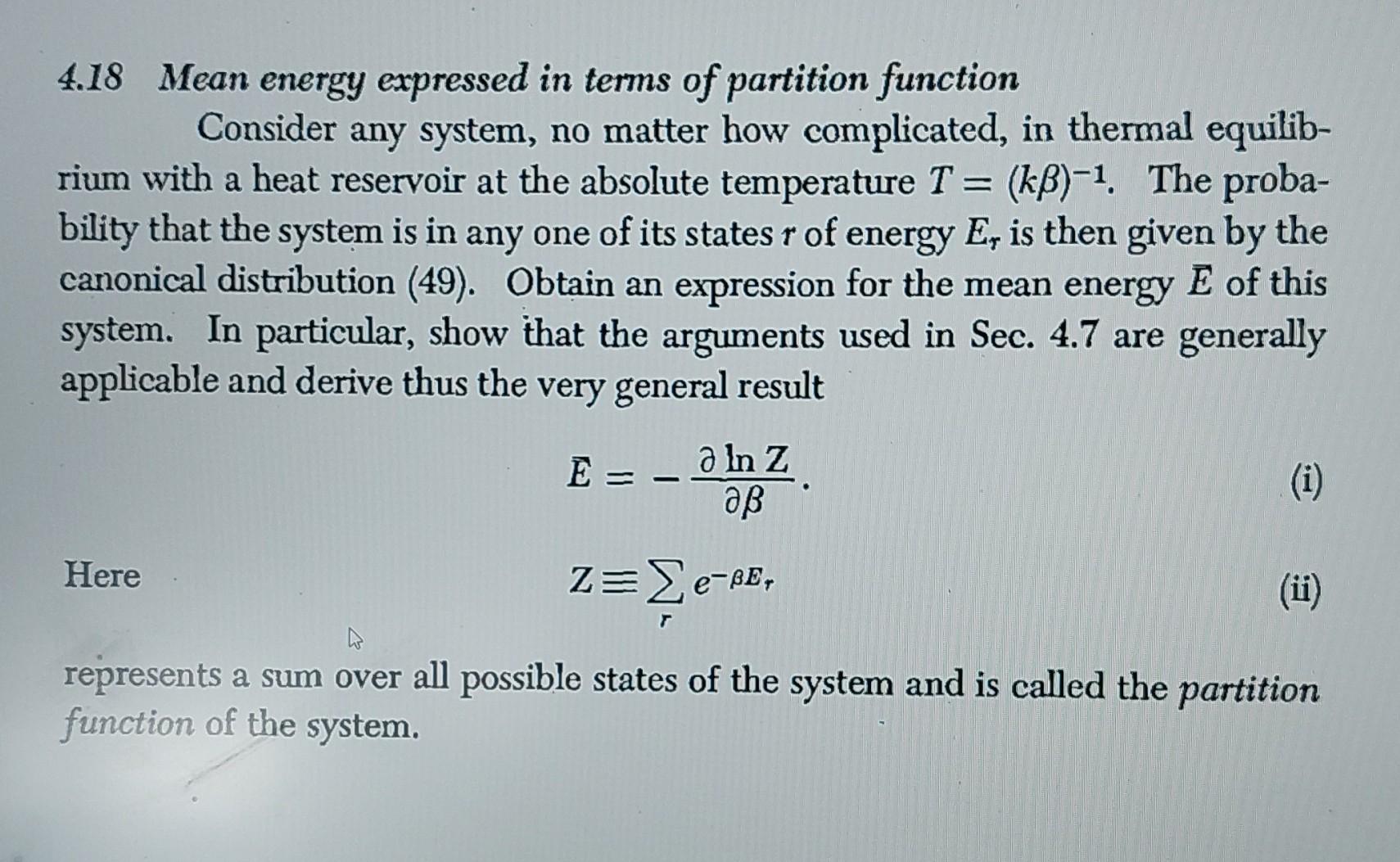 Partition Function Energy Solved 4.18 Mean energy expressed in terms of partition | Chegg.com