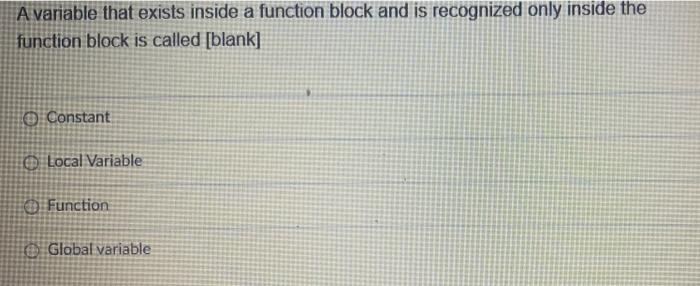 Solved A variable that exists inside a function block and is | Chegg.com