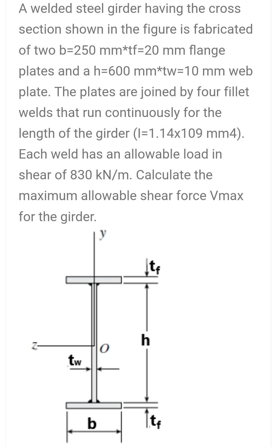 Solved A welded steel girder having the cross section shown | Chegg.com