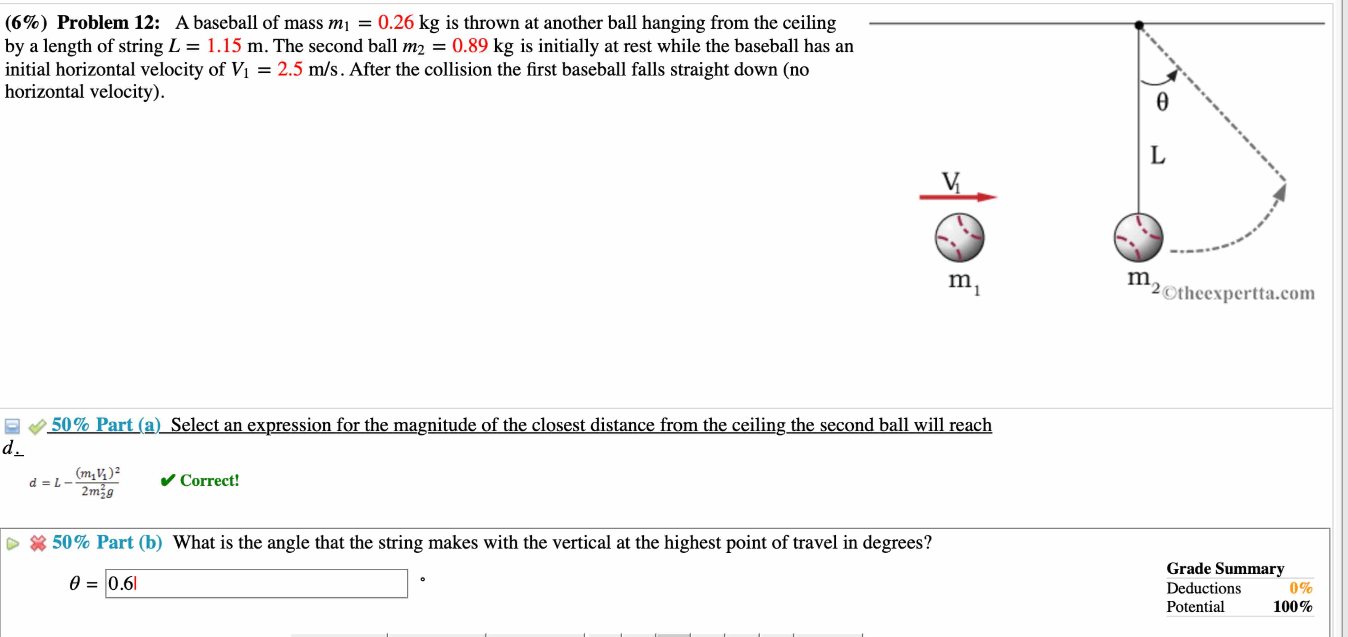 Solved (6%) ﻿Problem 12: A baseball of mass m1=0.26kg ﻿is | Chegg.com