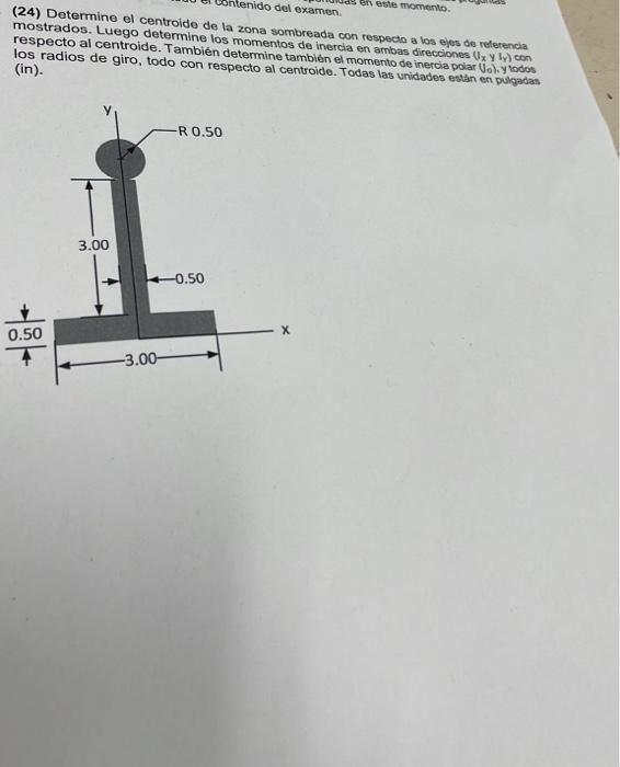 (24) Dotermine el centroide de la zona sombreada con respecto a los ejes de referencia mostrados. Luego determine los momento