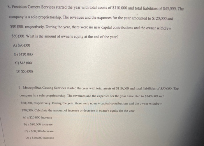 Solved 8. Precision Camera Services started the year with | Chegg.com