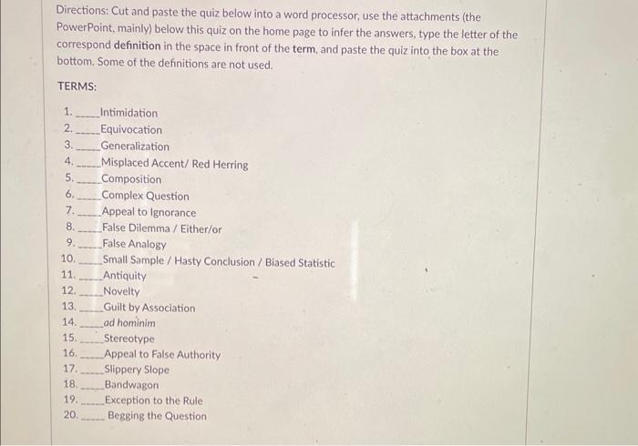 Directions: Cut and paste the quiz below into a word | Chegg.com