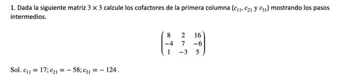 1. Dada la siguiente matriz \( 3 \times 3 \) calcule los cofactores de la primera columna \( \left(c_{11}, c_{21}\right. \) y