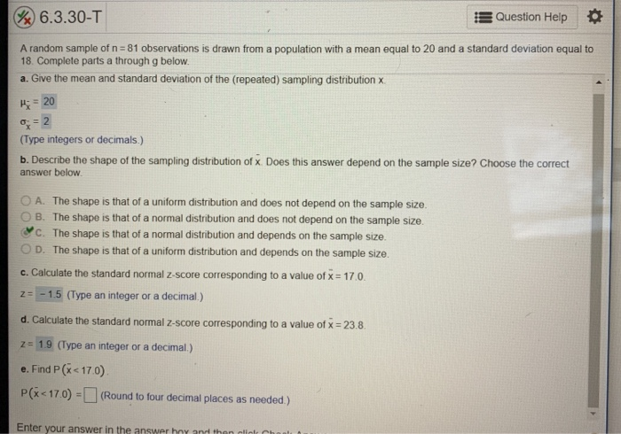 Solved @ 6.3.30-T Question Help A random sample of n = 81 | Chegg.com
