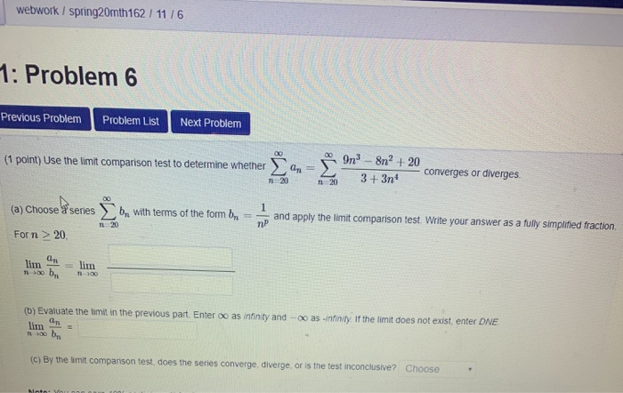 Solved webwork / spring20mth162 I 11/6 1: Problem 6 Previous | Chegg.com