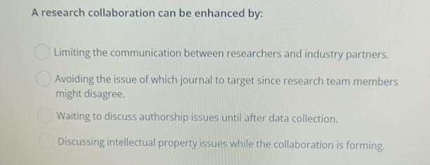 Solved A research collaboration can be enhanced by:Limiting 