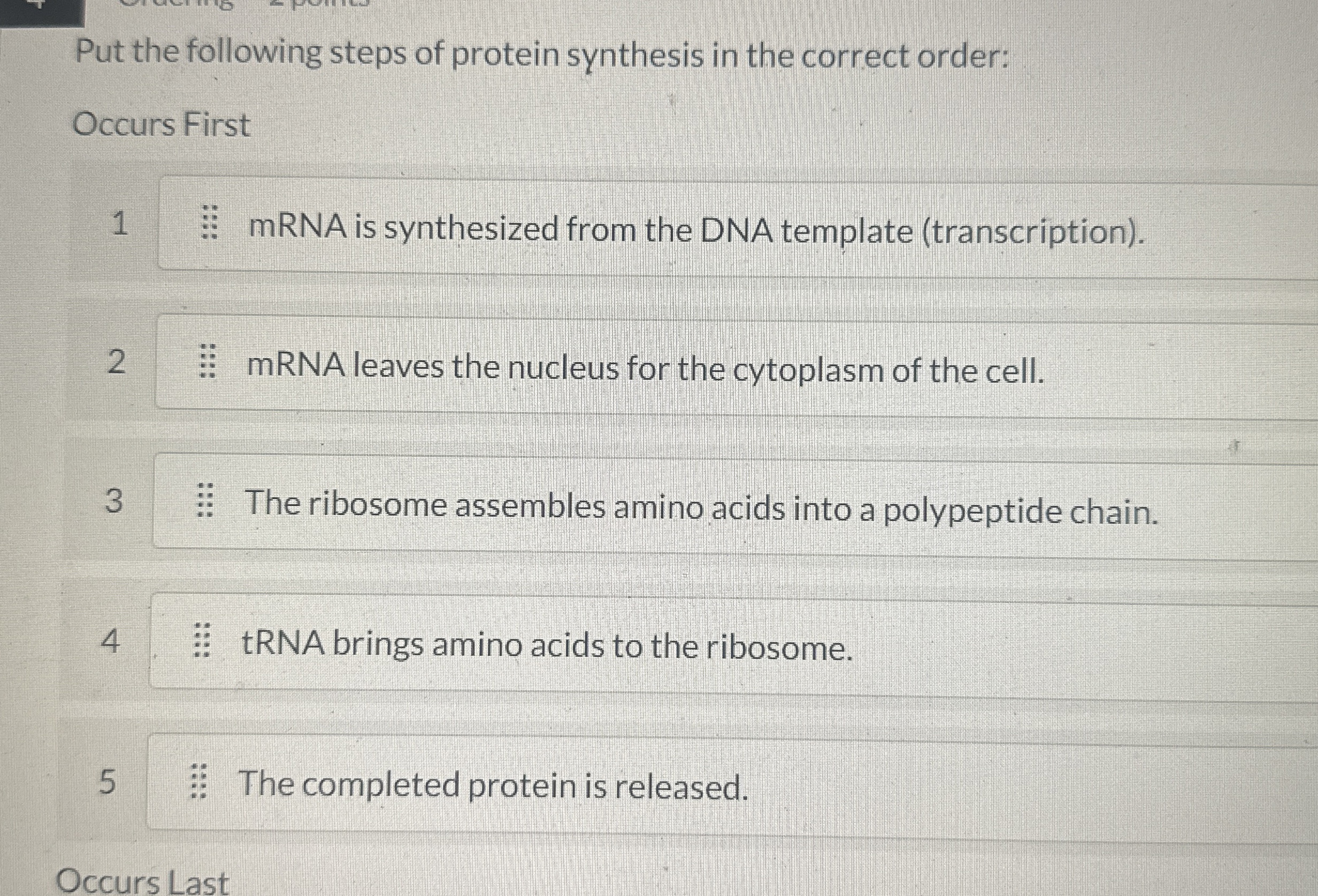 Solved Put the following steps of protein synthesis in the