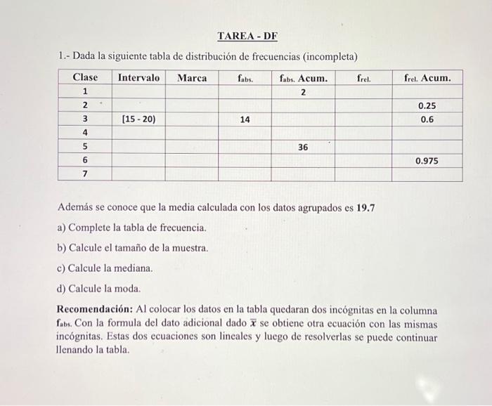 Solved 1.- Dada la siguiente tabla de distribución de | Chegg.com