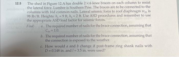 Solved 5 The shed in Figure 12.A has double 2×6 knee braces | Chegg.com