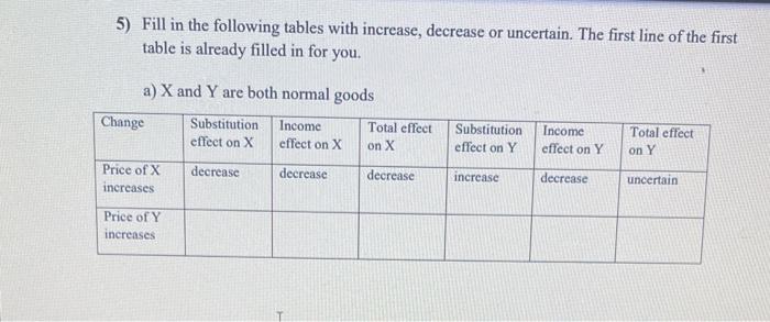 5) Fill in the following tables with increase, | Chegg.com
