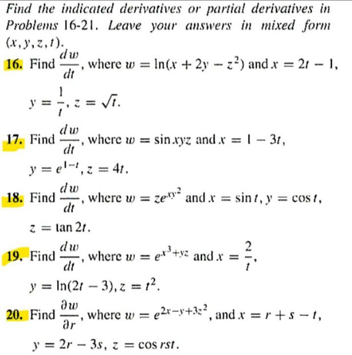 Solved Find The Indicated Derivatives Or Partial Derivatives | Chegg.com