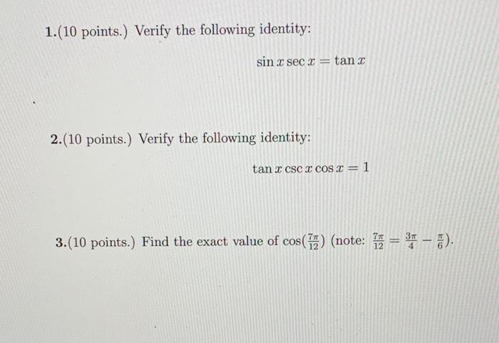 Solved 1. (10 Points.) Verify The Following Identity: | Chegg.com