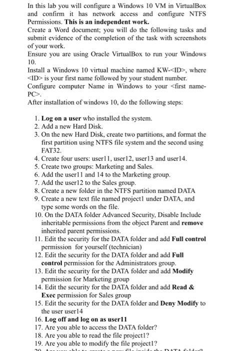 Solved In this lab you will configure a Windows 10 VM in | Chegg.com