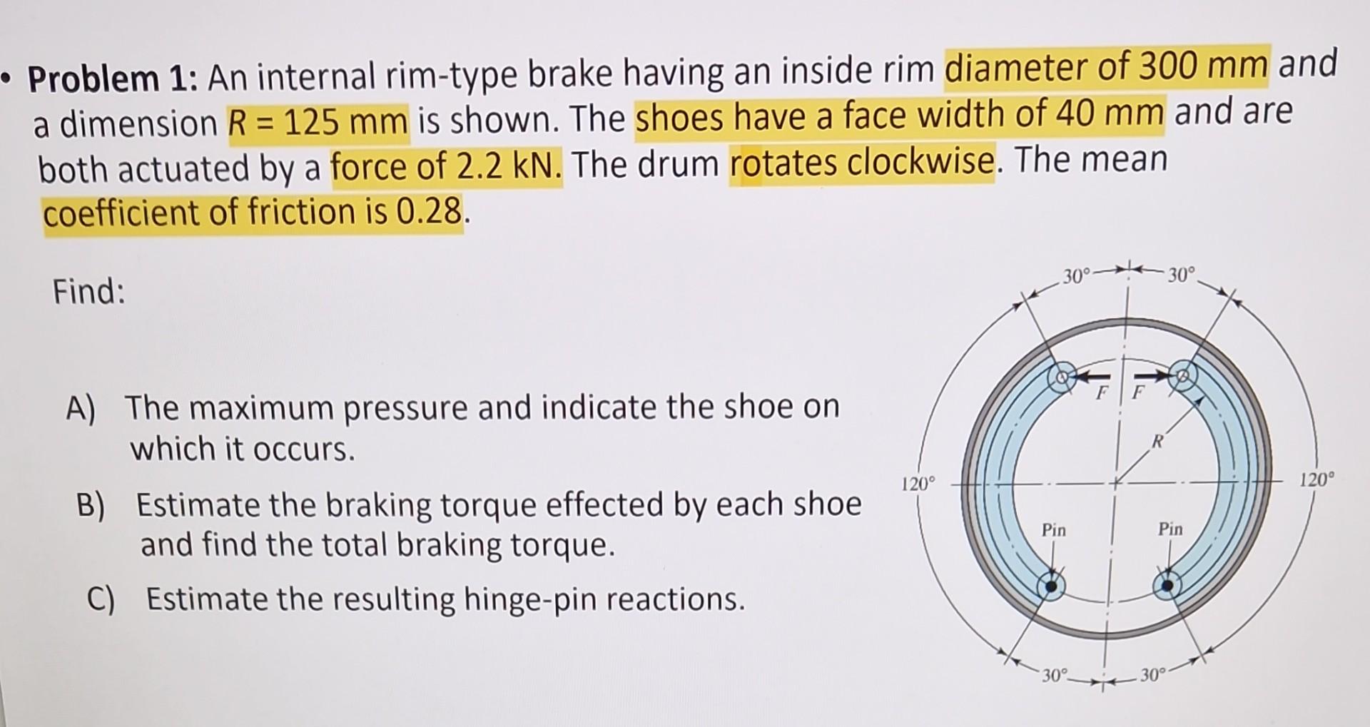 Problem 1: An internal rim-type brake having an inside rim diameter of \( 300 \mathrm{~mm} \) and a dimension \( R=125 \mathr