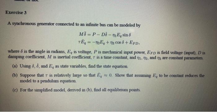 Solved Exercise 3 A synchronous generator connected to an | Chegg.com