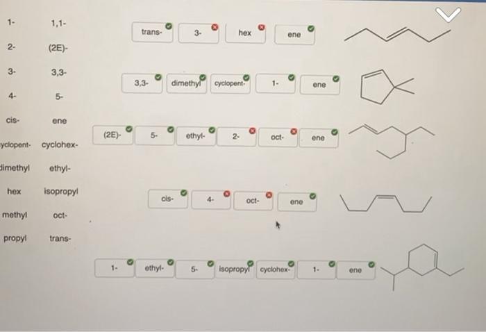 1. \( 1,1= \) trans. 3. c hex 0 ene 2. (2E)- 3. 3,3 - 3,3. dimethy? cyclopent. 1. ene 4- 5 - cis- ene yclopent- cyclohex- (2E