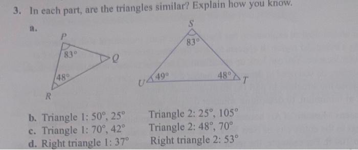 Solved 3. In each part, are the triangles similar? Explain | Chegg.com