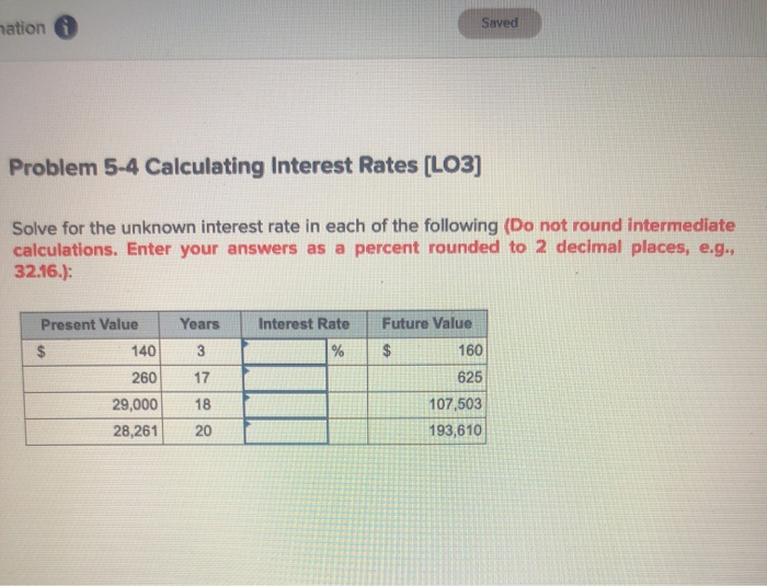 Finding Interest Rate Math Problems Solved mation Saved Problem 5-4 Calculating Interest Rates | Chegg.com