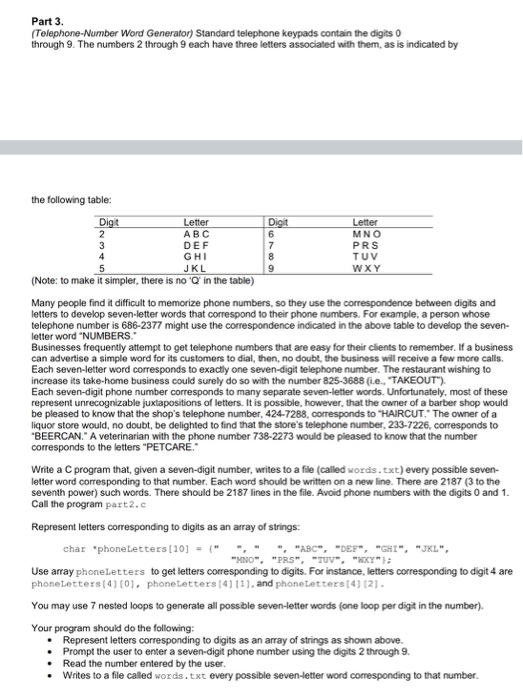 Solved Part 3. (Telephone Number Word Generator) Standard