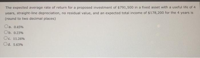 Solved The expected average rate of return for a proposed | Chegg.com