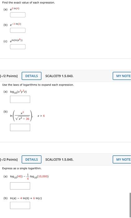 Solved Find The Exact Value Of Each Expression A E3ln4 9709