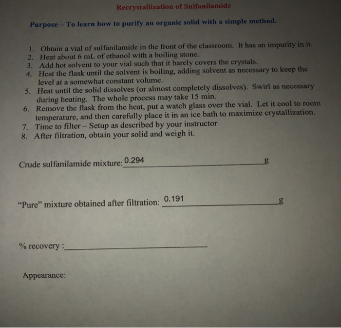 Solved Recrystallization of Sulfanilamide Purpose To learn