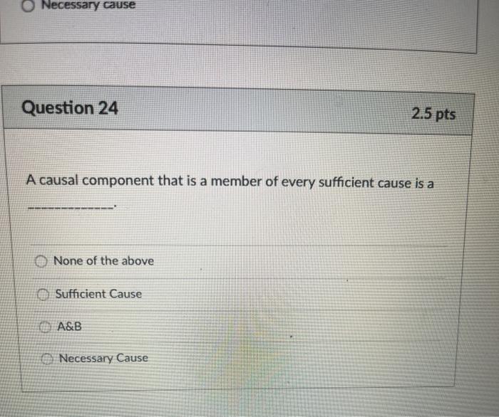 Necessary cause Question 24 2.5 pts A causal component that is a member of every sufficient cause is a None of the above Suff