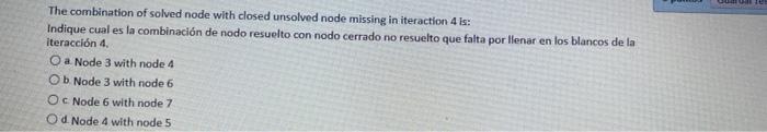 The combination of solved node with closed unsolved node missing in iteraction 4 is: Indique cual es la combinación de nodo r