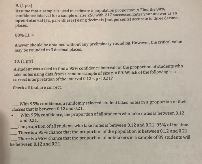 Solved 9. (1 pts) Assume that a sample is used to estimate a | Chegg.com