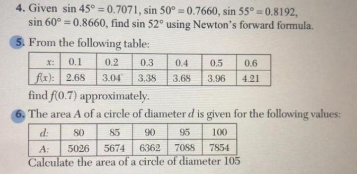 X: 4. Given sin 45º = 0.7071, sin 50º = 0.7660, sin 55° = 0.8192, sin 60º = 0.8660, find sin 52° using Newtons forward formu