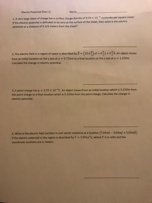 Solved Electric Potential (Part 2) Name 1. A very large | Chegg.com