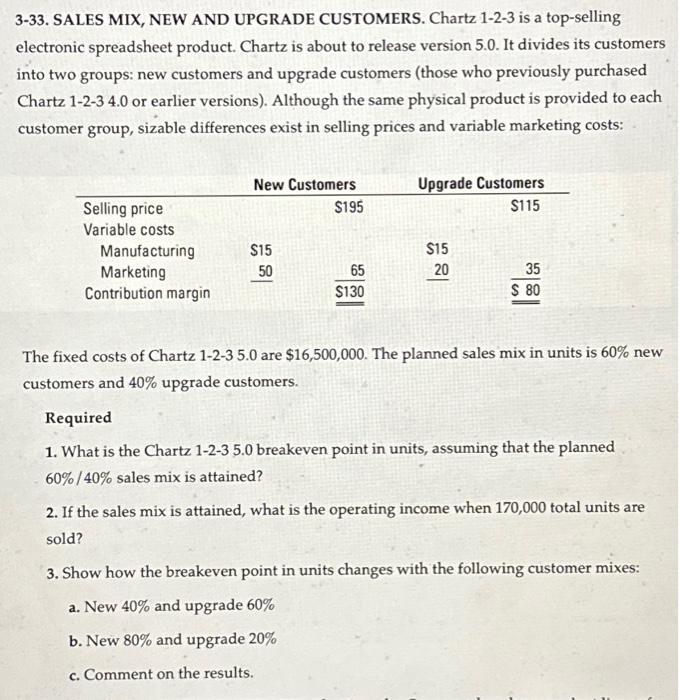 Solved 3-33. SALES MIX, NEW AND UPGRADE CUSTOMERS. Chartz | Chegg.com