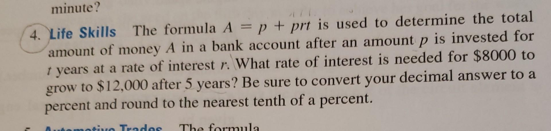 Prt Math Format Solved 4. Life Skills The formula A=p+prt is used to | Chegg.com
