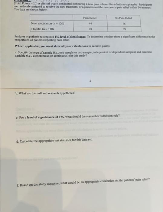 Solved 95.1. (Total Points 20) A clinical trial is conducted | Chegg.com