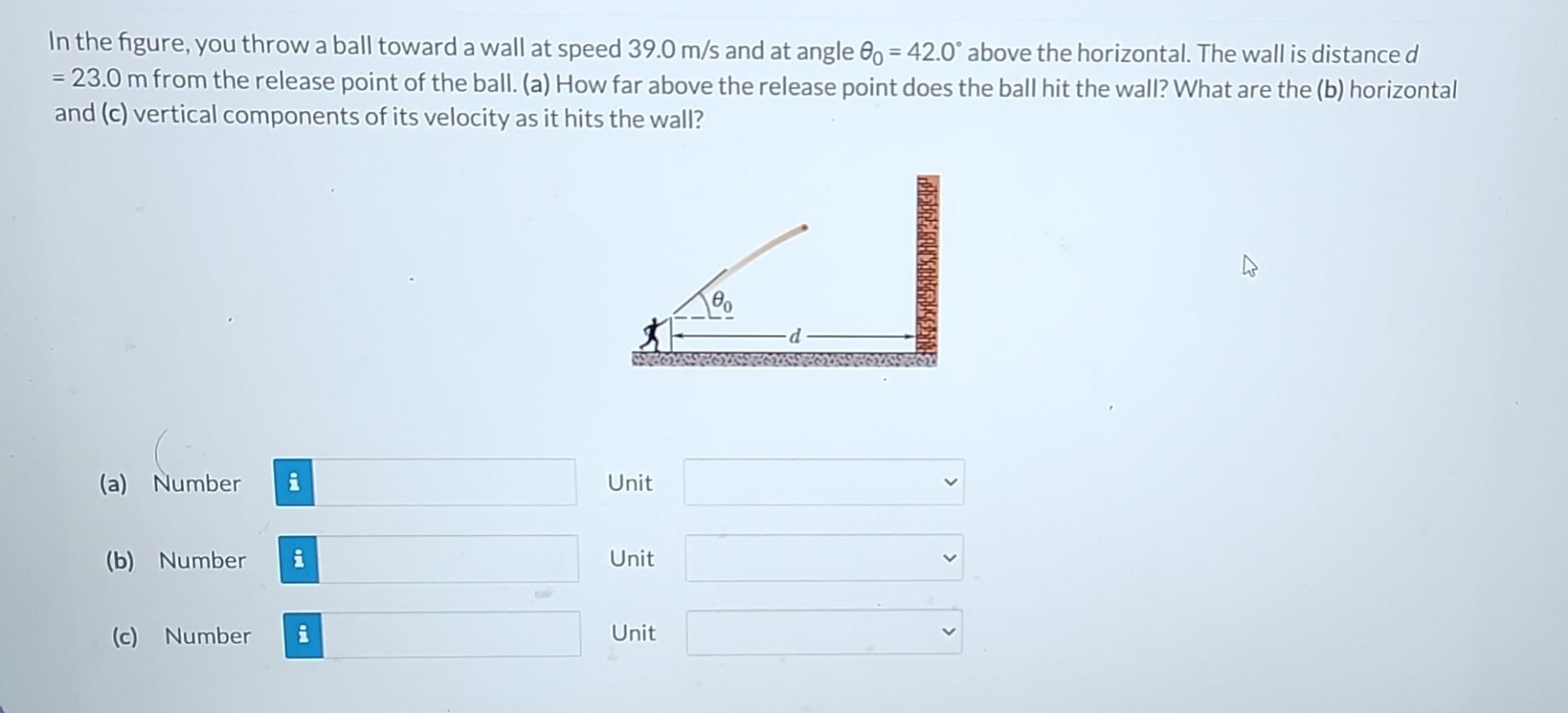 In the figure, you throw a ball toward a wall at speed \( 39.0 \mathrm{~m} / \mathrm{s} \) and at angle \( \theta_{0}=42.0^{\