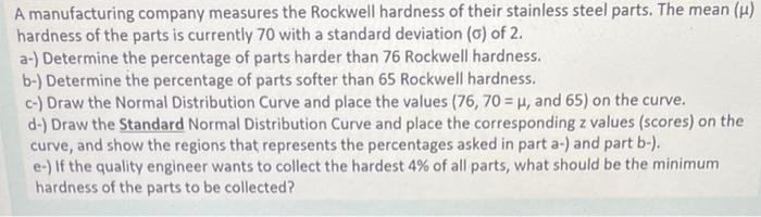 A manufacturing company measures the Rockwell hardness of their stainless steel parts. The mean (?)
hardness of the parts is 