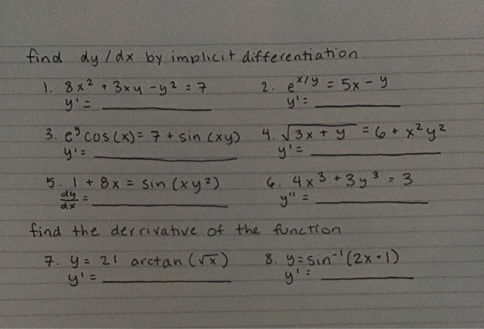 Solved Find Dy Dx By Implicit Differentiation 1 8x Chegg Com