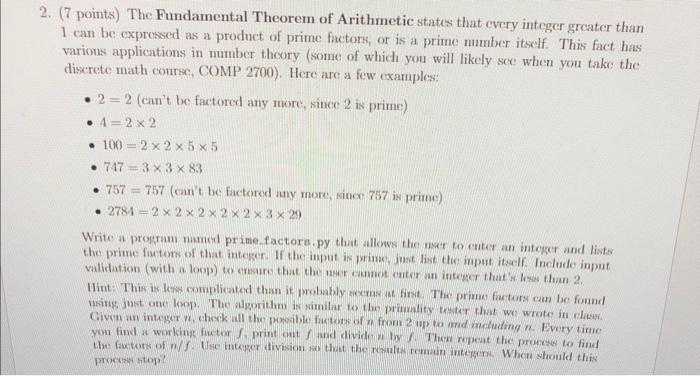 Solved (7 points) The Fundamental Theorem of Arithmetic | Chegg.com