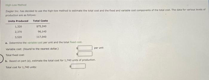 Solved High-Low Method Ziegler Inc. Has Decided To Use The | Chegg.com