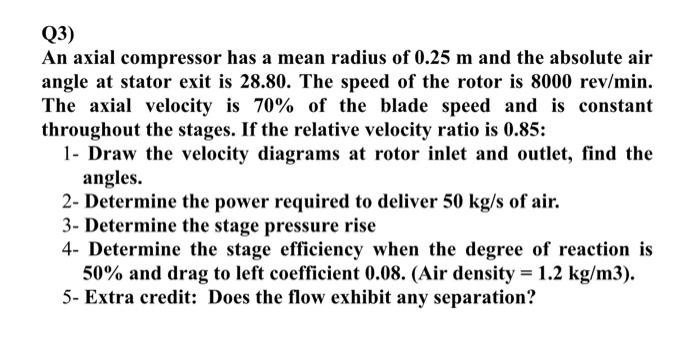 Solved Q3) An axial compressor has a mean radius of 0.25 m | Chegg.com