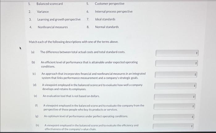 1. Balanced scorecard
5. Customer perspective
2. Variance
6. Internal process perspective
3. Learning and growth per 4. Nonfi