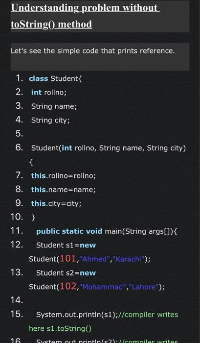 Solved Java toString() method If you want to represent any | Chegg.com